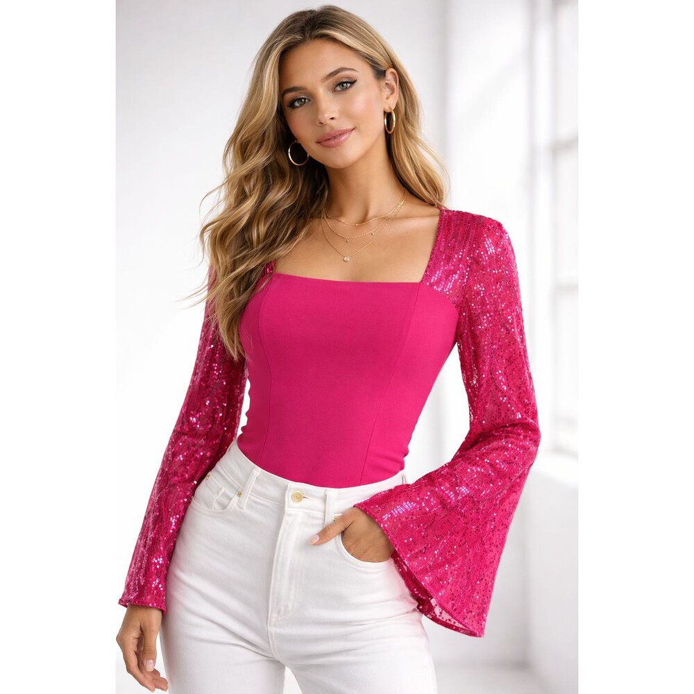 Grace Karin Hot Pink Sequin Top Womens L Bell Sleeve Party Blouse NWT